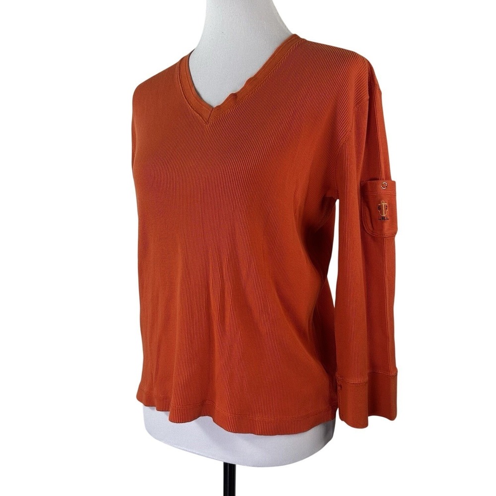 Lauren Ralph Lauren Womens XL Orange Ribbed V-Neck Anchor‎ 3/4 Sleeve Top